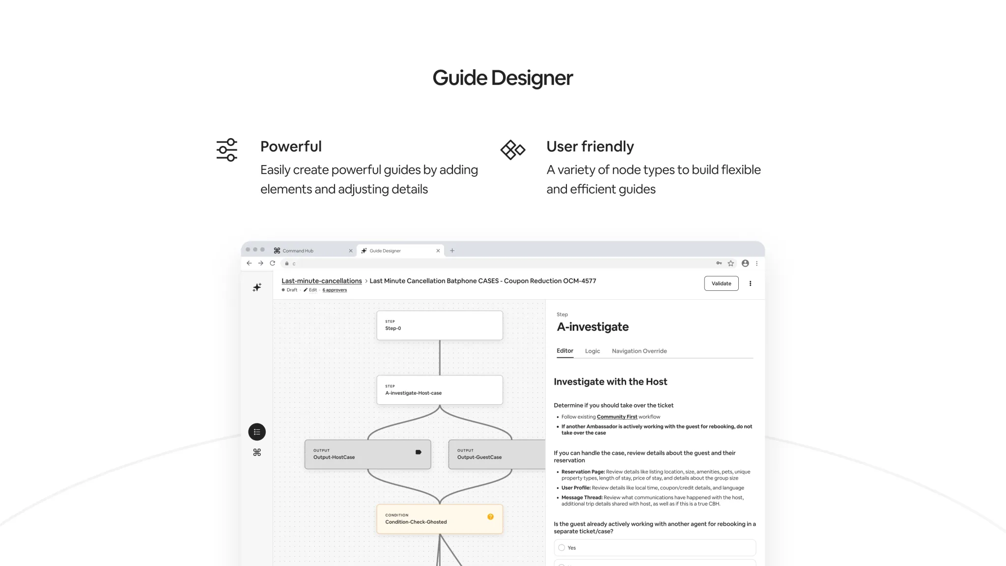 Command Hub — Guide Designer flow canvas